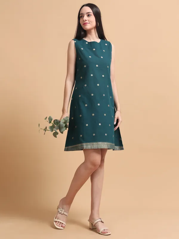 Dark_Green_Embroidered_Sleeveless_A-Line_Dress_With_Polka_Dot_Pattern_For_Women
