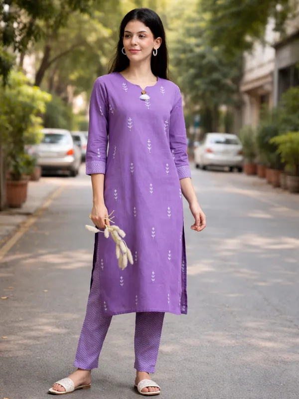 Purple_Foil_Print_Kurta_With_Pants_Set_For_Women