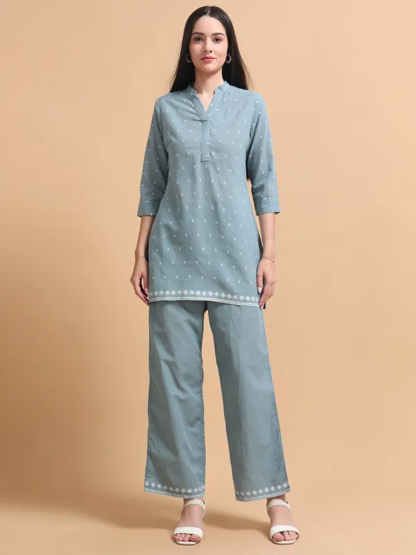 Sky_Blue_Embroidered_Co-Ord_Set_With_Mandarin_Collar_For_Women