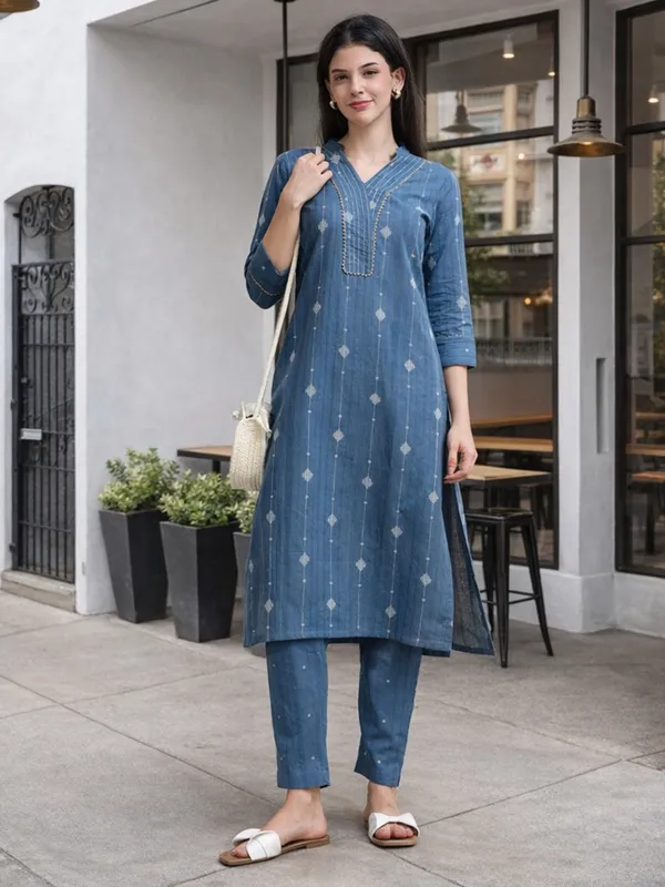 Blue_Embroidered_Kurta_Set_With_Matching_Pants_For_Women