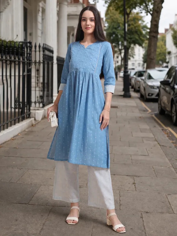 Blue_Dobby_Cotton_Kurta_With_Pintuck_Detailing_And_White_Striped_Pants_Set_For_Women