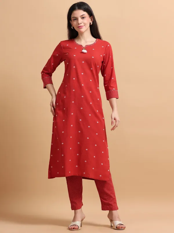 Red_Cotton_Kurti_With_Striped_Pants_Set_For_Women