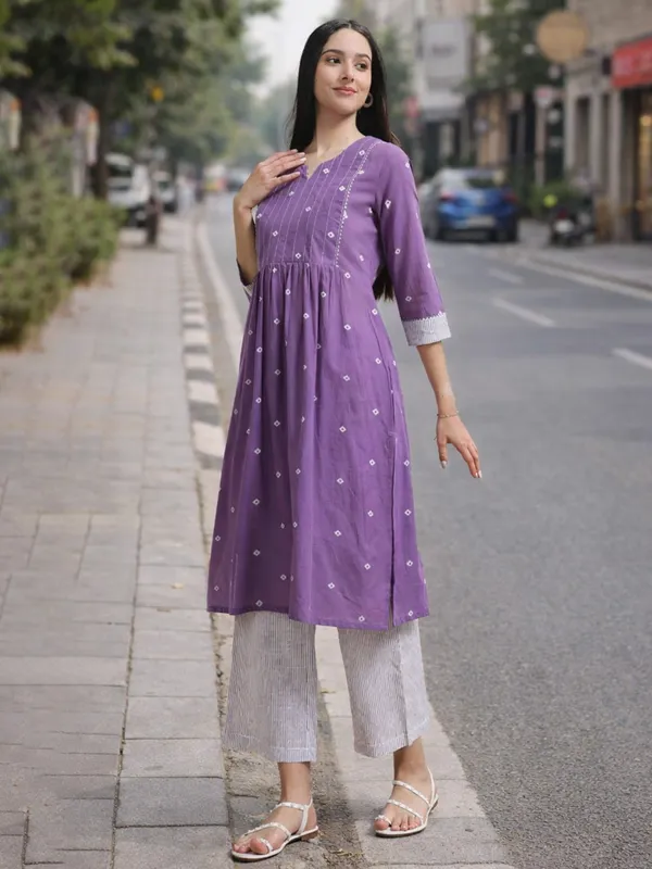 Purple_Embroidered_A-Line_Kurta_With_White_Striped_Palazzo_Set_For_Women
