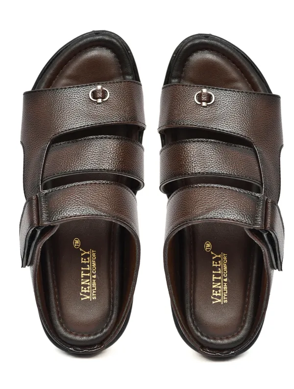 Dark_Brown_Synthetic_Leather_Dual_Strap_Buckle_Sandals_For_Men