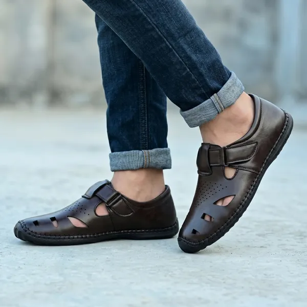 Dark_Brown_Synthetic_Leather_Closed_Toe_Perforated_Sandals_For_Men