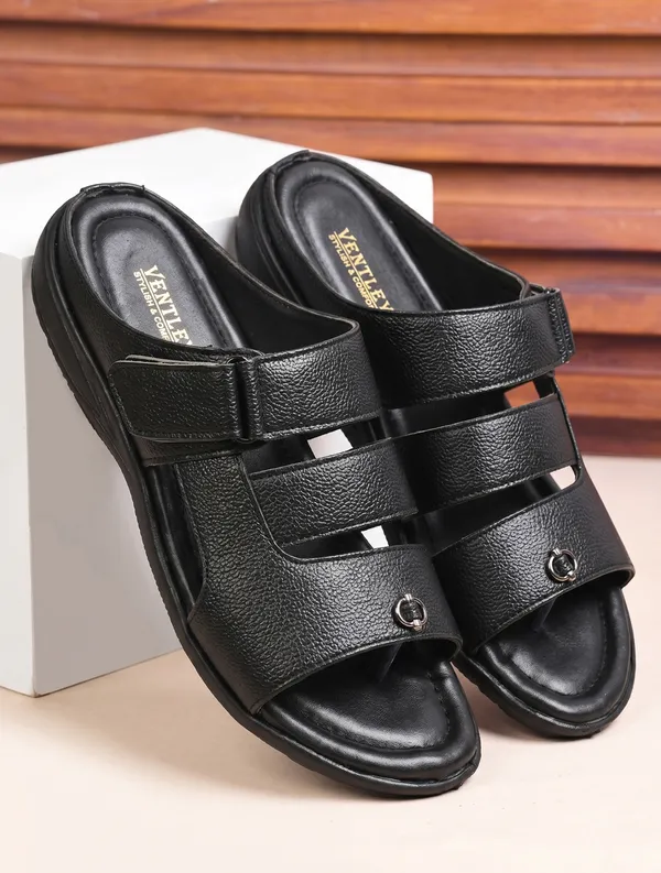 Black_Synthetic_Leather_Double_Strap_Buckle_Sandals_For_Men