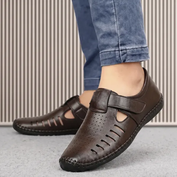 Dark_Brown_Synthetic_Leather_Closed_Toe_Perforated_Sandals_For_Men