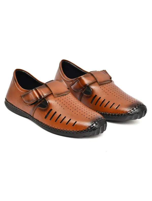Brown_Synthetic_Leather_Perforated_Slip_On_Sandals_For_Men