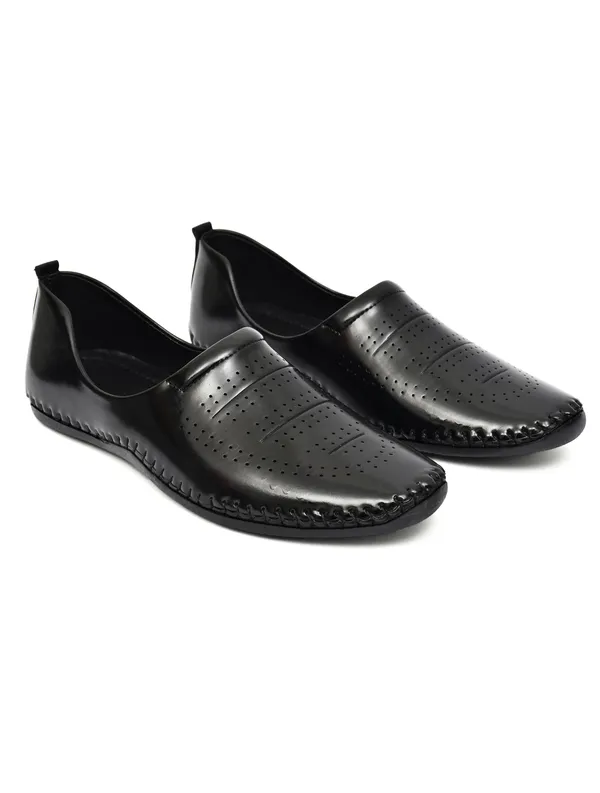Black_Synthetic_Leather_Perforated_Slip_On_Shoes_For_Men