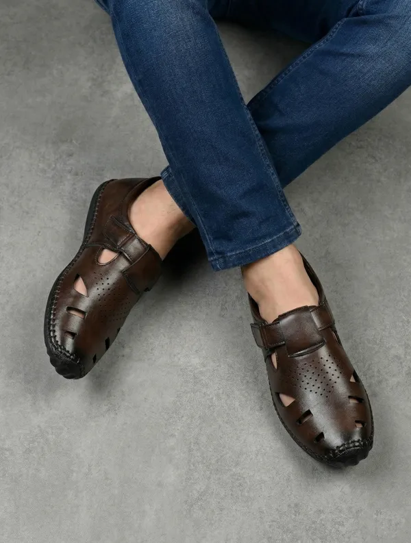 Dark_Brown_Synthetic_Leather_Closed_Toe_Perforated_Sandals_For_Men