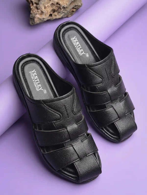 Black_Synthetic_Leather_Closed_Toe_Slip_On_Sandals_For_Men