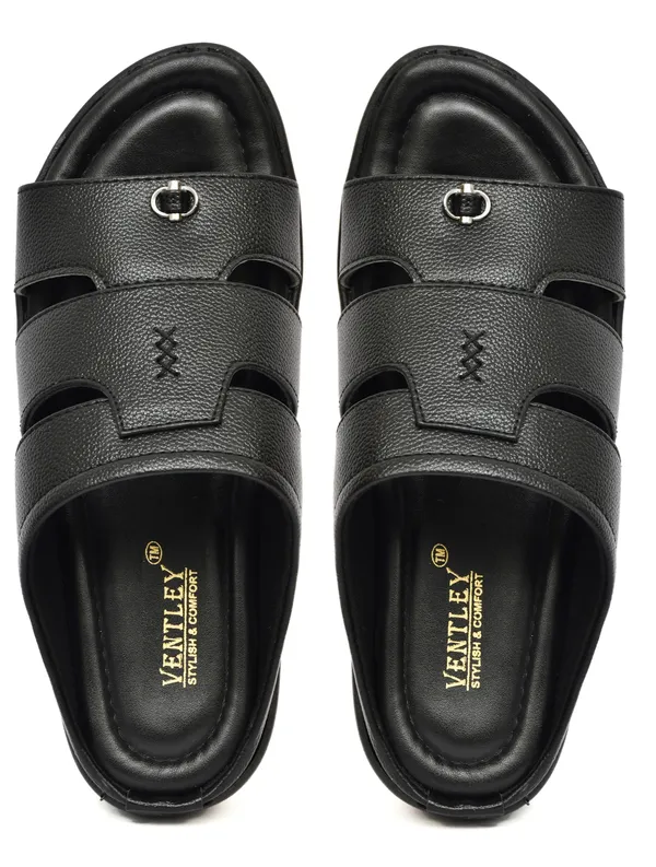 Black_Synthetic_Leather_Open_Toe_Slide_Sandals_For_Men