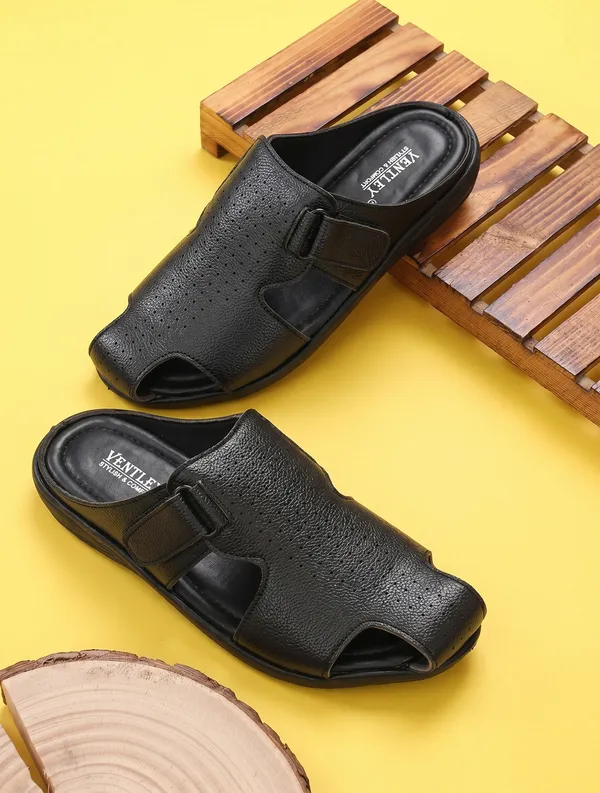 Black_Synthetic_Leather_Open_Toe_Adjustable_Strap_Sandals_For_Men