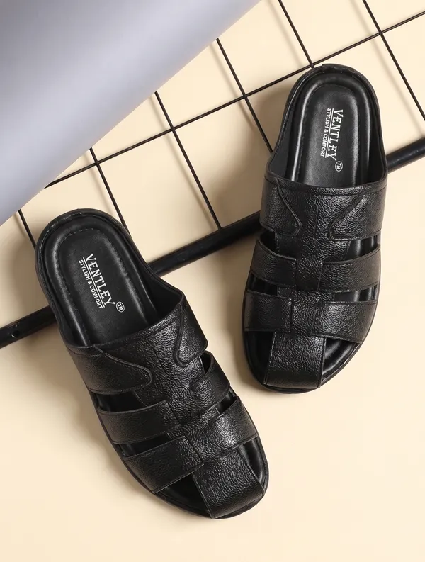 Black_Synthetic_Leather_Closed_Toe_Slip_On_Sandals_For_Men