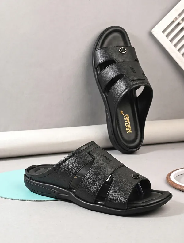 Black_Synthetic_Leather_Open_Toe_Slide_Sandals_For_Men