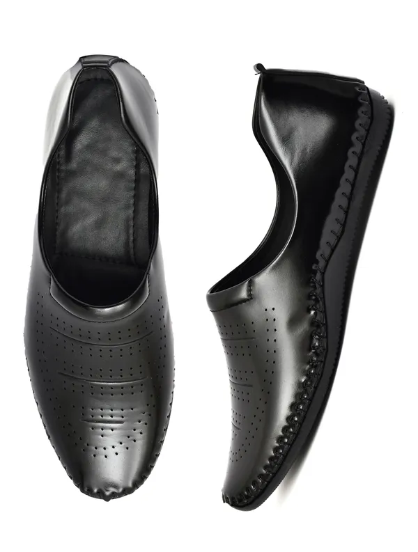 Black_Synthetic_Leather_Perforated_Slip_On_Shoes_For_Men