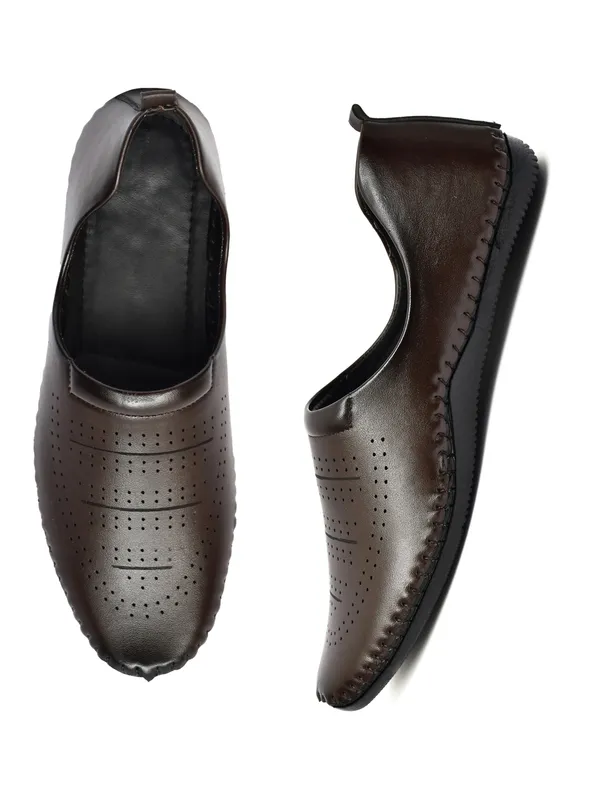 Dark_Brown_Synthetic_Leather_Perforated_Slip_On_Shoes_For_Men