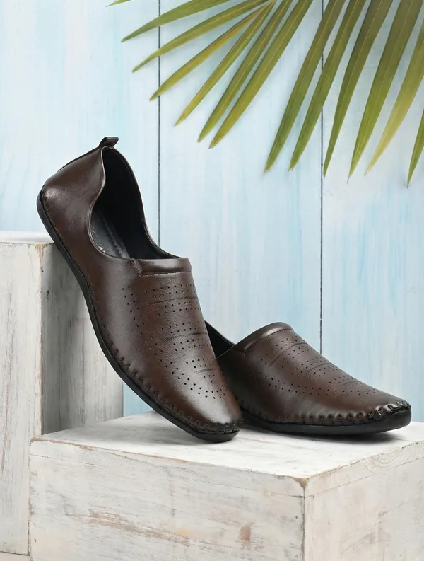 Dark_Brown_Synthetic_Leather_Perforated_Slip_On_Shoes_For_Men