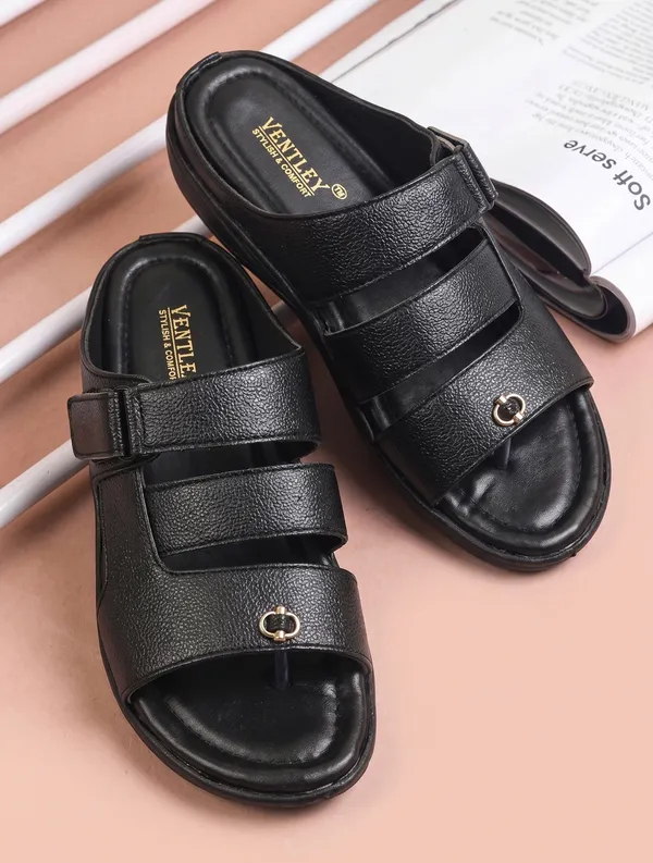 Black_Synthetic_Leather_Double_Strap_Buckle_Sandals_For_Men
