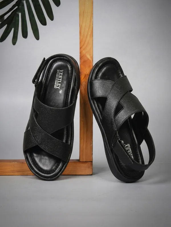 Black_Synthetic_Leather_Cross_Strap_Sandals_For_Men