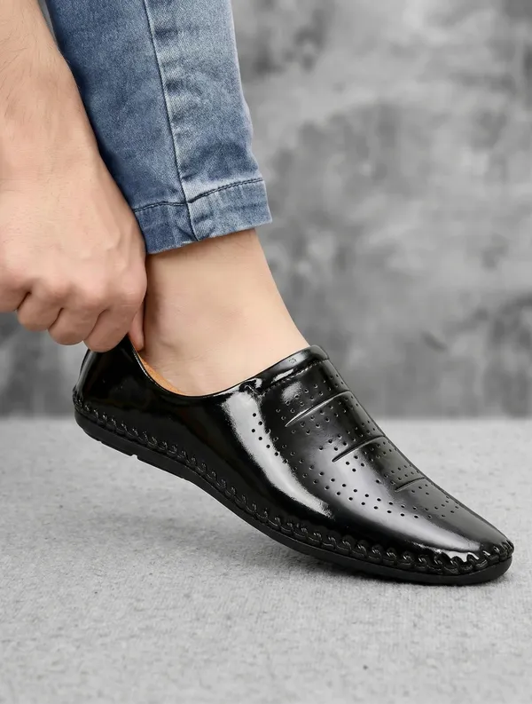Black_Synthetic_Leather_Perforated_Slip_On_Shoes_For_Men