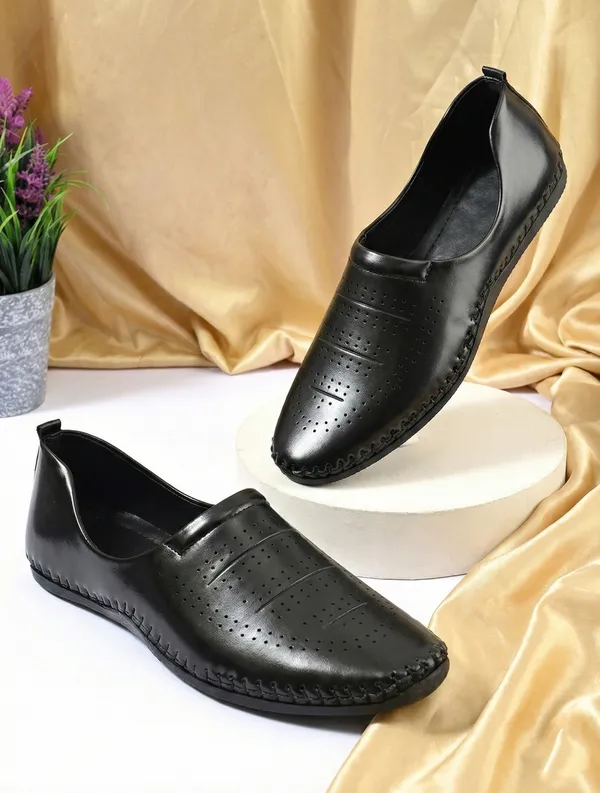 Black_Synthetic_Leather_Perforated_Slip_On_Shoes_For_Men