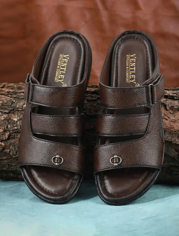 Dark_Brown_Synthetic_Leather_Dual_Strap_Buckle_Sandals_For_Men