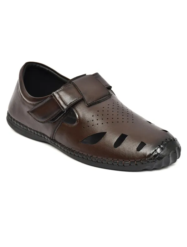 Dark_Brown_Synthetic_Leather_Closed_Toe_Perforated_Sandals_For_Men