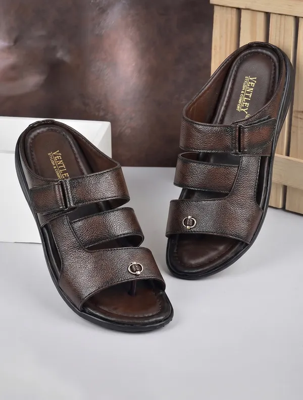 Dark_Brown_Synthetic_Leather_Dual_Strap_Buckle_Sandals_For_Men