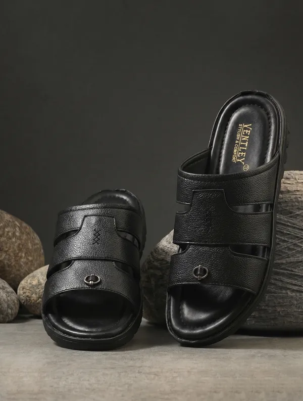 Black_Synthetic_Leather_Open_Toe_Slide_Sandals_For_Men