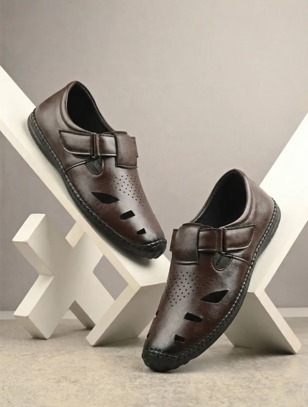 Dark_Brown_Synthetic_Leather_Closed_Toe_Perforated_Sandals_For_Men