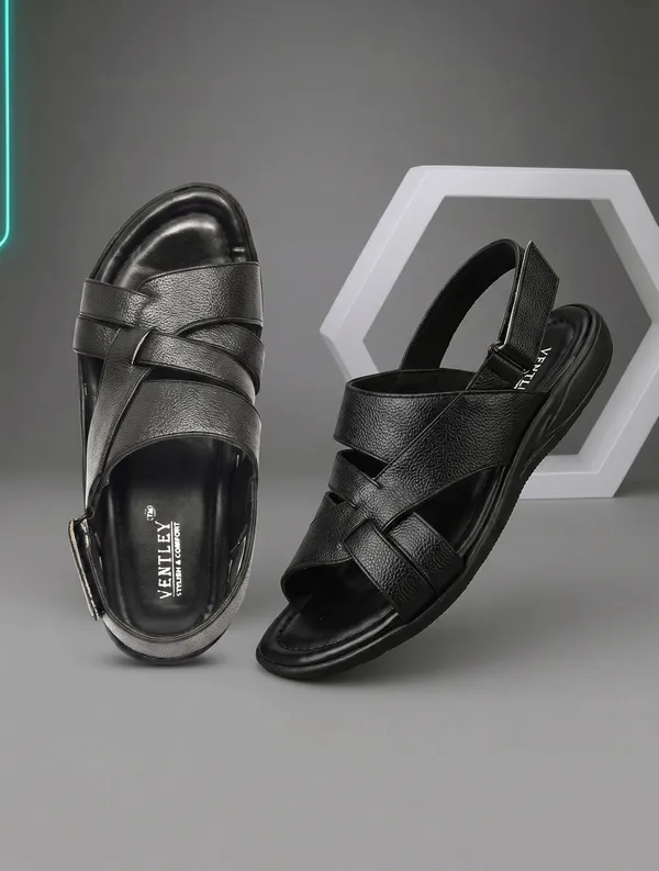 Black_Synthetic_Leather_Ankle_Buckle_Double_Strap_Sandals_For_Men