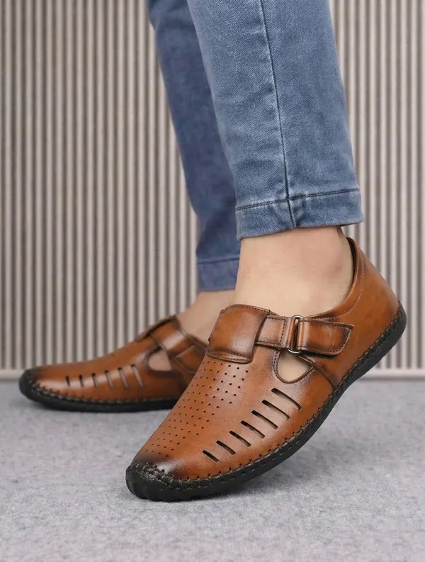 Brown_Synthetic_Leather_Perforated_Slip_On_Sandals_For_Men