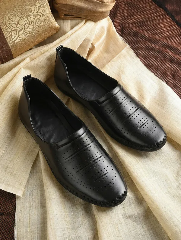 Black_Synthetic_Leather_Perforated_Slip_On_Shoes_For_Men
