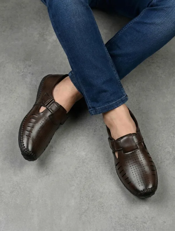 Dark_Brown_Synthetic_Leather_Closed_Toe_Perforated_Sandals_For_Men