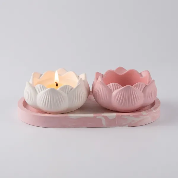 Lotus_Flower_Ceramic_Candle_Holder_Set_With_Oval_Tray_-_Pink_And_White