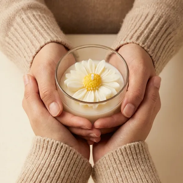 Daisy_Flower_Decorative_Candle_In_Amber_Glass
