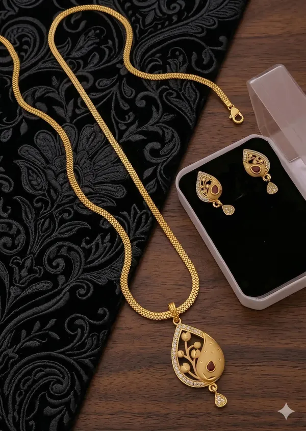 Gold_Gold_Plated_Alloy_Teardrop_Pendant_Necklace_Set_For_Women