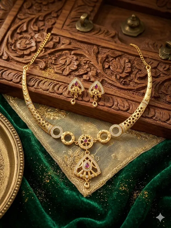 Adorby_Traditional_Gold_Plated_American_Diamond_&_Ruby_Necklace_Set_with_Earrings