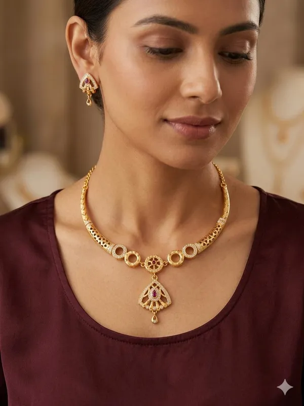 Adorby_Traditional_Gold_Plated_American_Diamond_&_Ruby_Necklace_Set_with_Earrings