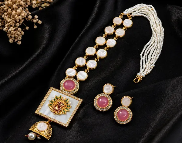 Indian_Shringar_Designer_MOP_Long_Necklace_Set_|_Pink_AD_Stone_Pendant_with_Pearl_Mala_|_Gold_Finish_Ethnic_Jewelry