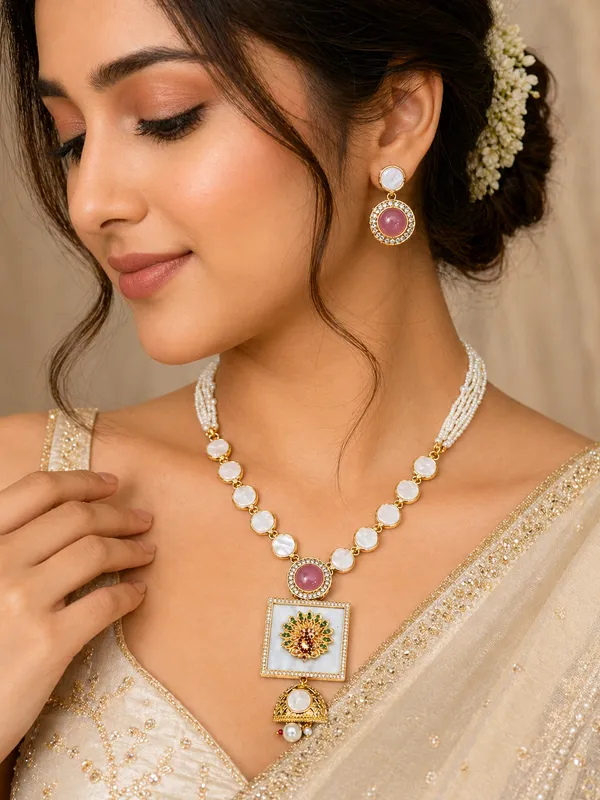 Indian_Shringar_Designer_MOP_Long_Necklace_Set_|_Pink_AD_Stone_Pendant_with_Pearl_Mala_|_Gold_Finish_Ethnic_Jewelry