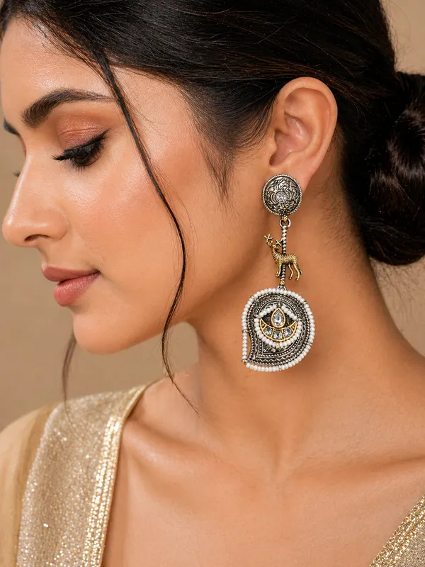 Indian_Shringar_Dual_Tone_Deer_Motif_Earrings_|_Boho_Ethnic_Statement_Earrings_|_Pearl_Detailed_Jewelry