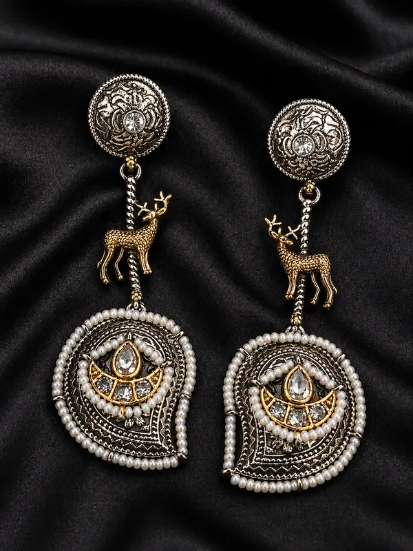 Indian_Shringar_Dual_Tone_Deer_Motif_Earrings_|_Boho_Ethnic_Statement_Earrings_|_Pearl_Detailed_Jewelry
