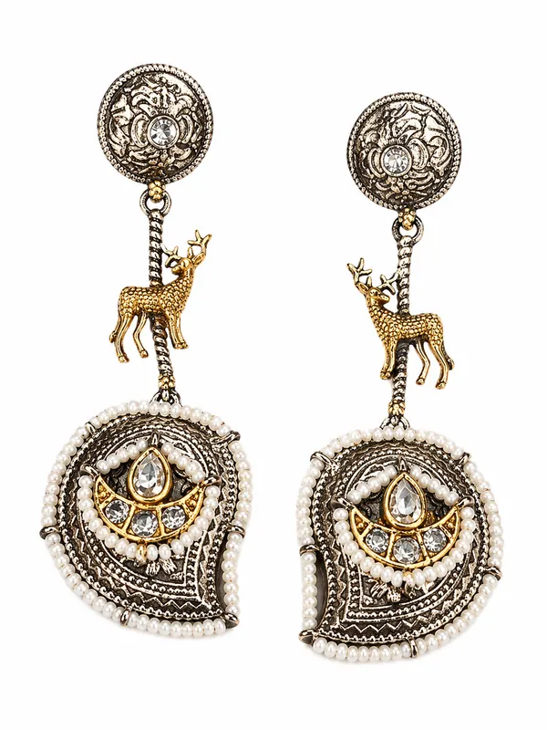 Indian_Shringar_Dual_Tone_Deer_Motif_Earrings_|_Boho_Ethnic_Statement_Earrings_|_Pearl_Detailed_Jewelry