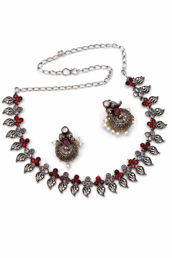 Indian_Shringar_German_Silver_Oxidised_Necklace_Set_|_Monalisa_Stone_Tribal_Design_with_Earrings_|_Adjustable_Chain_Jewelry