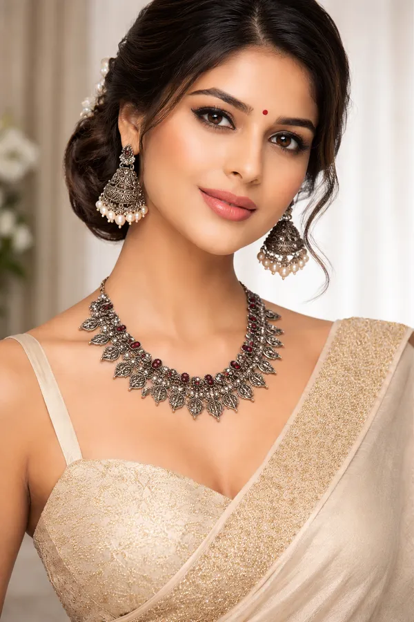 Indian_Shringar_German_Silver_Oxidised_Necklace_Set_|_Monalisa_Stone_Tribal_Design_with_Earrings_|_Adjustable_Chain_Jewelry