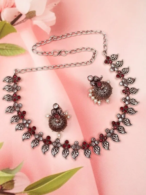 Indian_Shringar_German_Silver_Oxidised_Necklace_Set_|_Monalisa_Stone_Tribal_Design_with_Earrings_|_Adjustable_Chain_Jewelry
