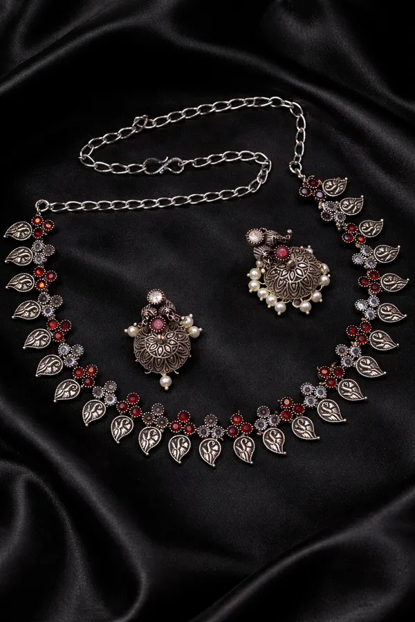 Indian_Shringar_German_Silver_Oxidised_Necklace_Set_|_Monalisa_Stone_Tribal_Design_with_Earrings_|_Adjustable_Chain_Jewelry
