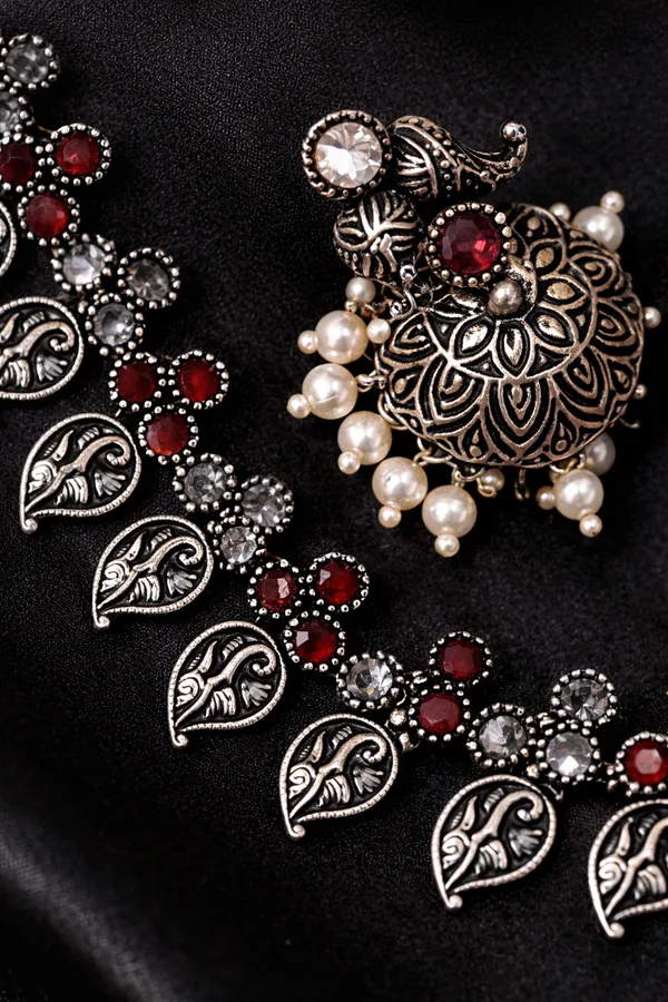 Indian_Shringar_German_Silver_Oxidised_Necklace_Set_|_Monalisa_Stone_Tribal_Design_with_Earrings_|_Adjustable_Chain_Jewelry